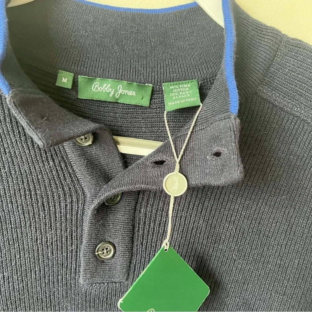 NWT Bobby Jones Mock Sweater Baby Alpaca Pima Cotton Navy Kenwood Country Club